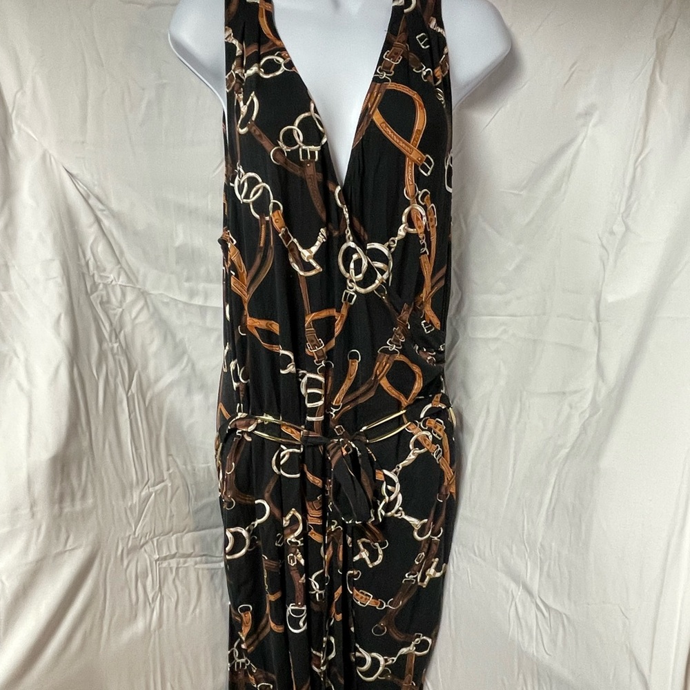 Cache Black dress with Brown & White Chain Print
